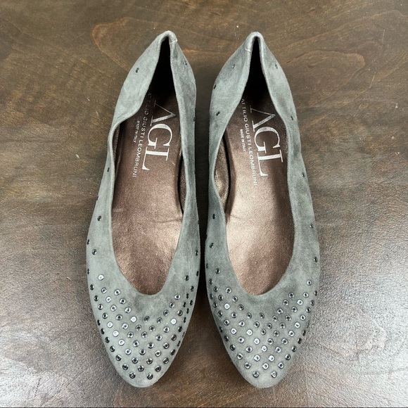 AGL Grey Suede Pointed Toe Flats Grommet Career Classic - Picture 2 of 9